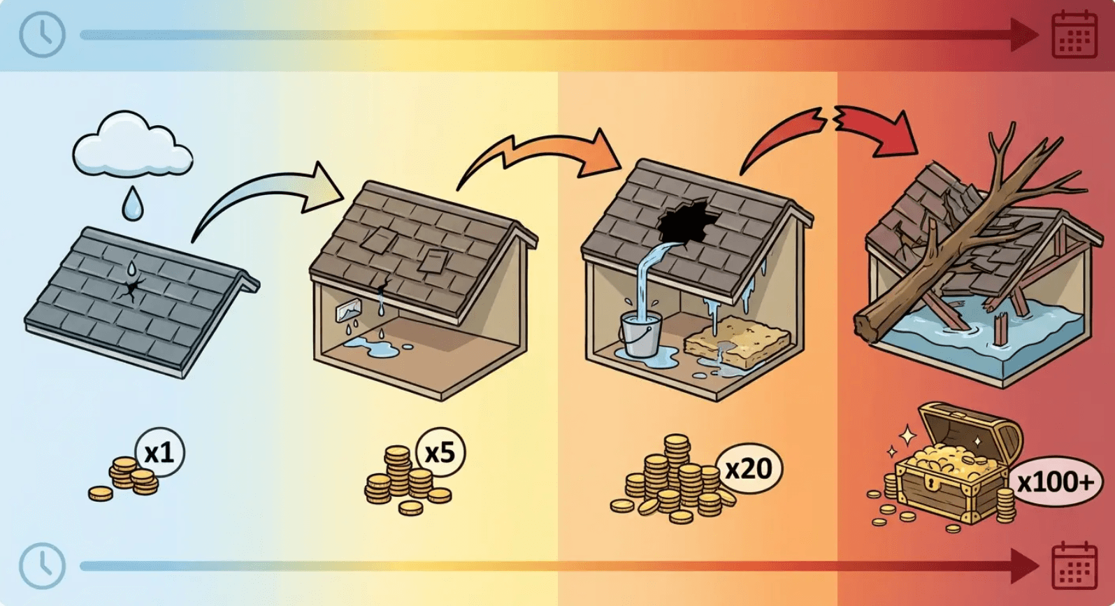 Four-stage illustration showing how roofing repair costs multiply from a minor drip to a structural disaster over time