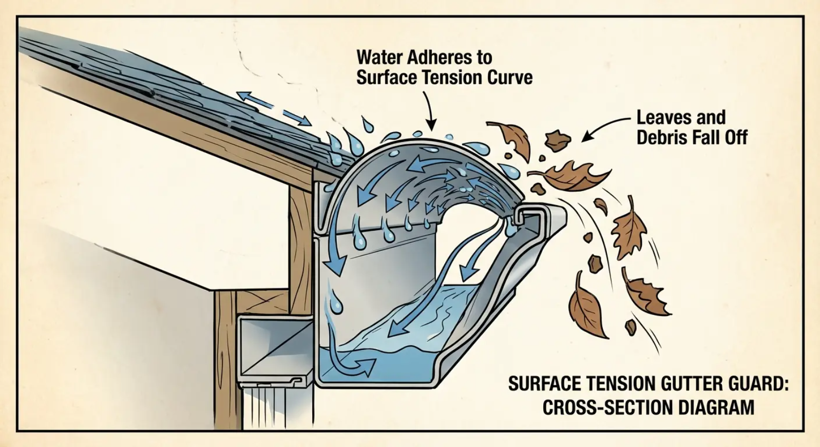 Diagram of a gutter guard using surface tension to keep water in while debris falls out.