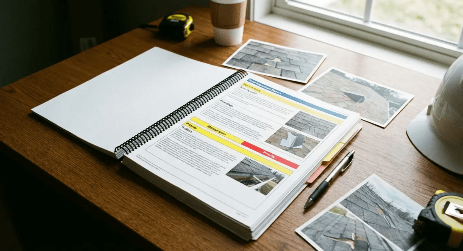 Detailed inspection report with damage photos and condition ratings open on a desk next to a hard hat and measuring tape
