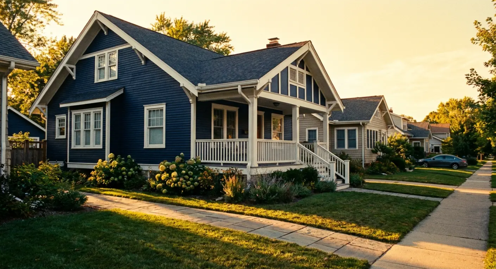 Row of houses with blue and gray exteriors, grassy lawns, and a sidewalk, under a warm sunset.
