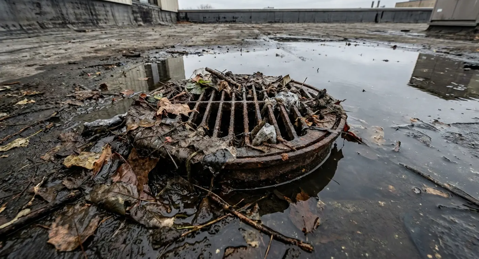 Overgrown, dirty roof drain surrounded by standing water and debris.