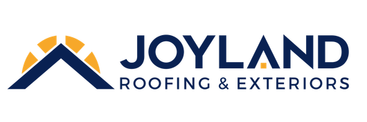 Logo for Joyland Roofing & Exteriors; a roof shape with a sun, and the name in dark blue text.