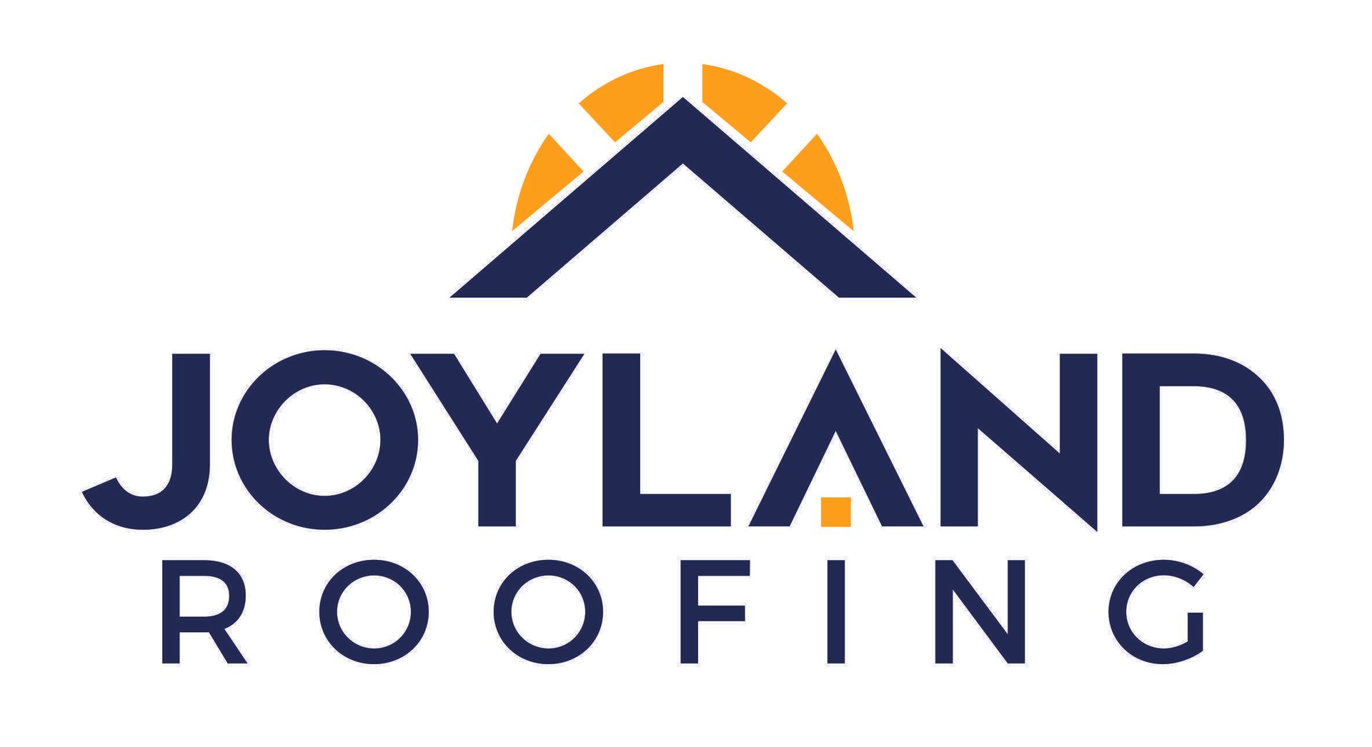 Logo for Joyland Roofing with a house roof and sun graphic in orange and blue.