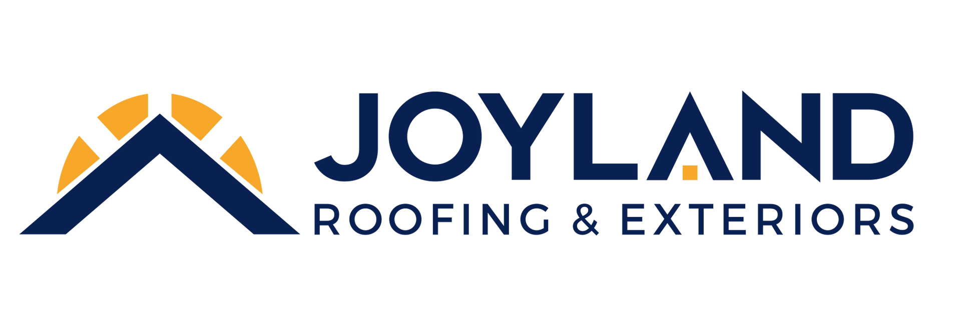 Logo for Joyland Roofing & Exteriors: roof and sun icon with company name and service description.