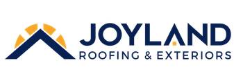 Logo for Joyland Roofing & Exteriors: navy blue roof over a yellow sunburst, navy blue text.