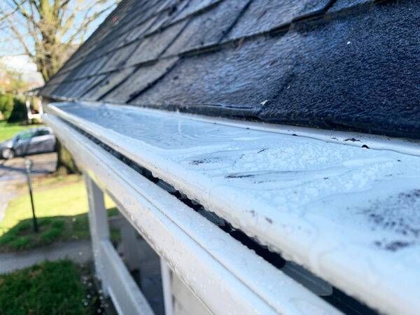 White gutter along a roof edge; filled with debris.