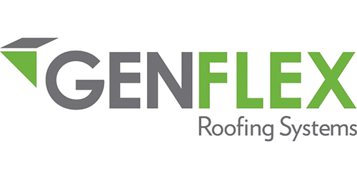 Logo for Genflex Roofing Systems: gray and green text with a geometric shape icon.