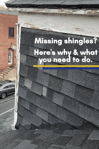 Roof with missing shingles; text reads 