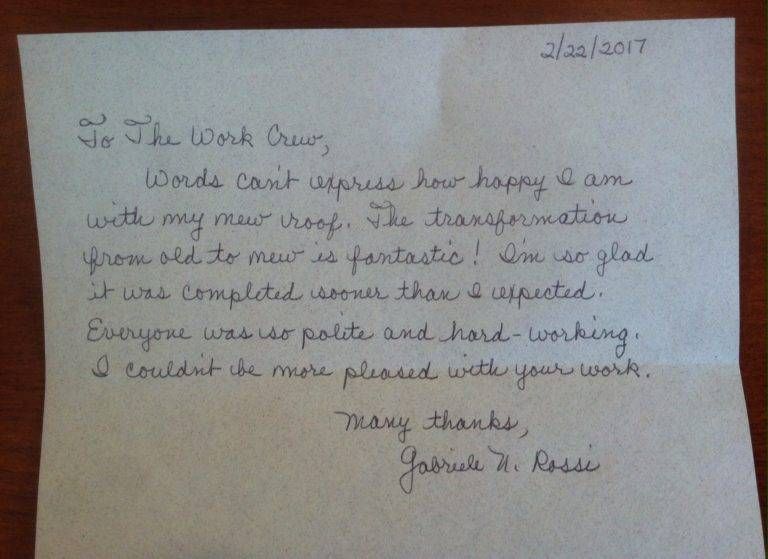 Handwritten thank-you note to a work crew for a new roof. It's on a beige paper and has black ink.