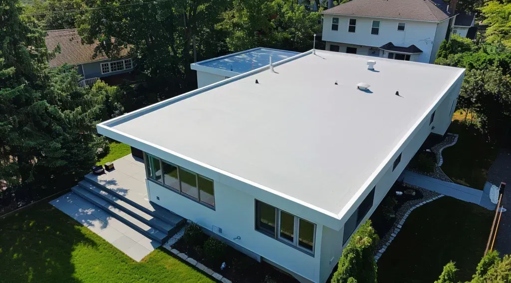Aerial view of a modern white house with a flat roof, surrounded by green trees and grass.