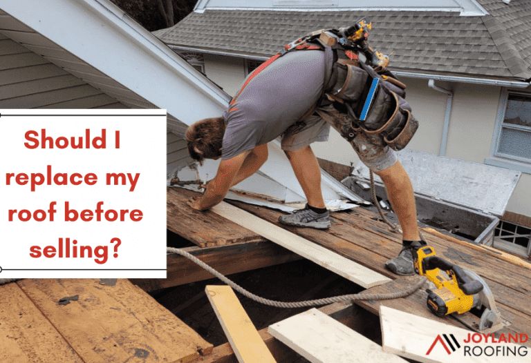 A roofer replacing a damaged roof section with text: