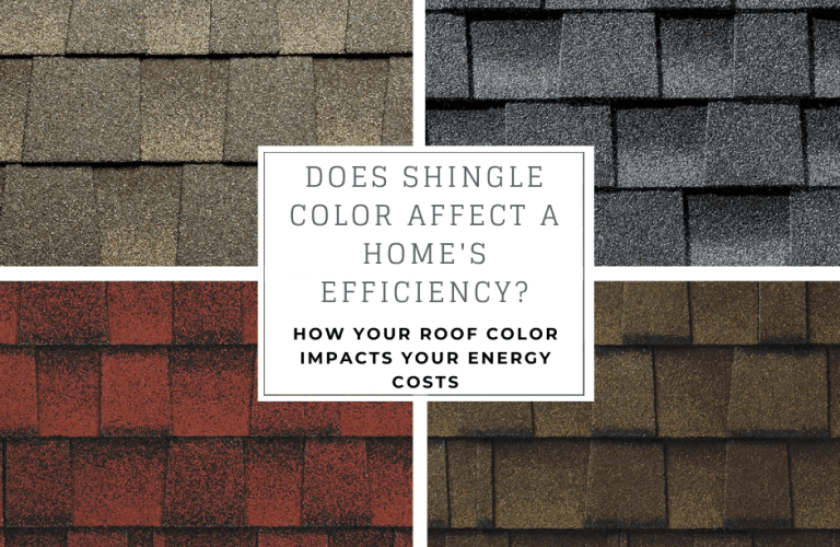 Four roof shingle samples in different colors with text about roof color impact on energy costs.