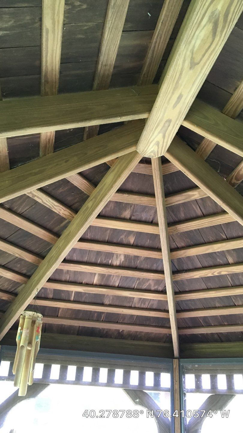 Interior view of a wooden pavilion roof during a roof replacement project on Spruce Street in Cornwall, PA.