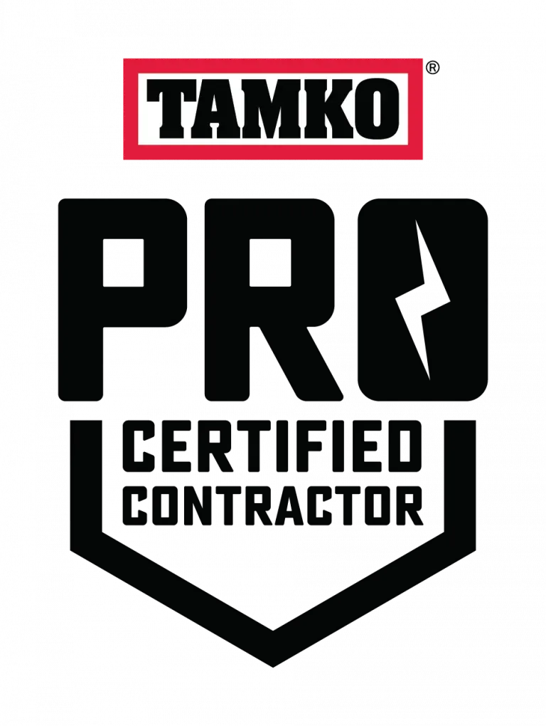 TAMKO Pro Certified Contractor logo with red and black text and lightning bolt.