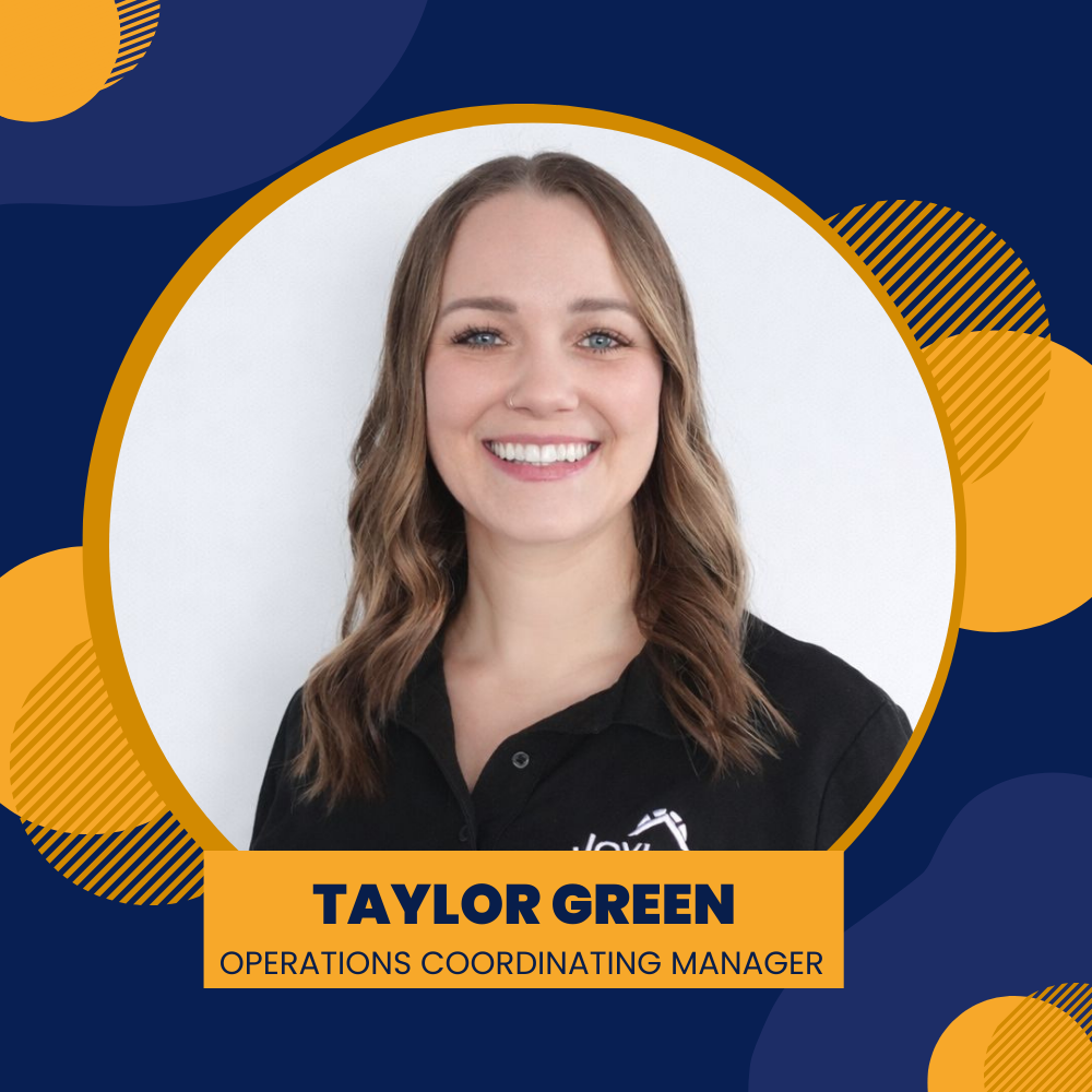 Taylor Green, Operations Coordinating Manager; headshot with a smile, inside an orange and blue graphic.