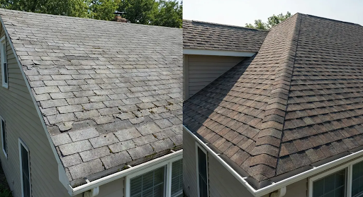 Aged asphalt roof vs. new Class 4 impact shingles highlighting formal roof replacement benefits.