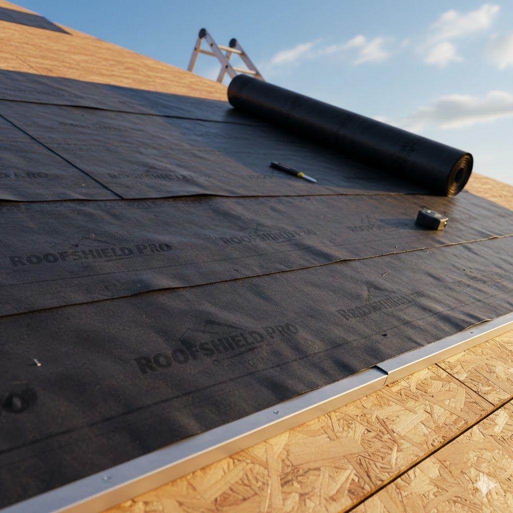 Person installing roofing material; hands wearing gloves laying black roll on gray surface.