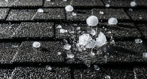 Hailstones on a dark asphalt shingle roof. Some hailstones are whole, others shattered.