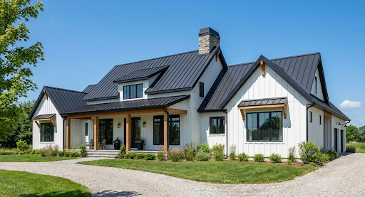 White farmhouse with black roof, set on a grassy lot with a gravel driveway, under a clear blue sky.