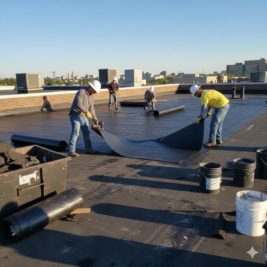Green metal roof with vertical seams on a building; bare trees in the background.