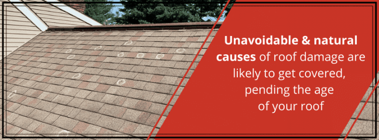 Roof with visible damage, highlighting natural causes covered by insurance.