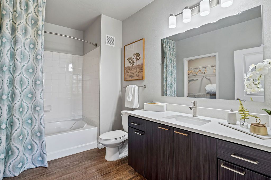 Apartment bathroom with dark wood vanity, large mirror, and shower/tub.