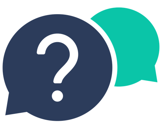 Dark blue speech bubble with a white question mark, overlapping a teal speech bubble.
