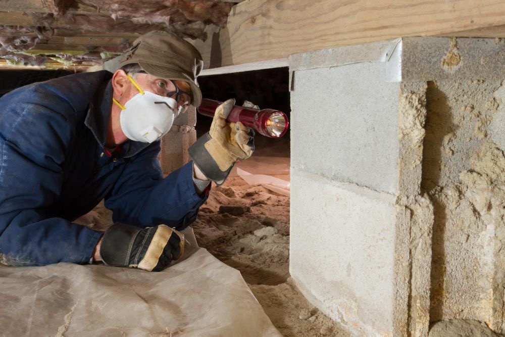 Worker in mask and gloves crawling under a house, inspecting a damaged concrete foundation.