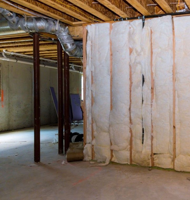 Basement with exposed insulation between wooden studs, metal ductwork, and support beams. Concrete floor.