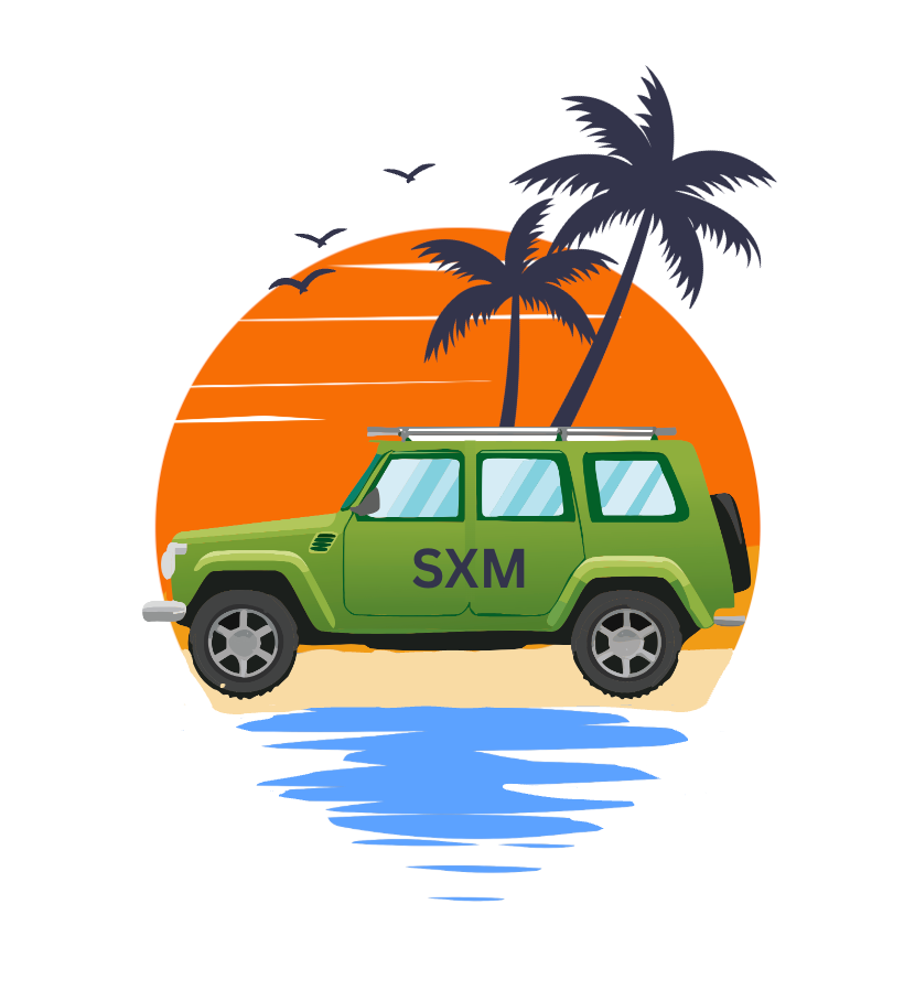 Green SUV on a beach, palm trees, sunset background, and the letters SXM.