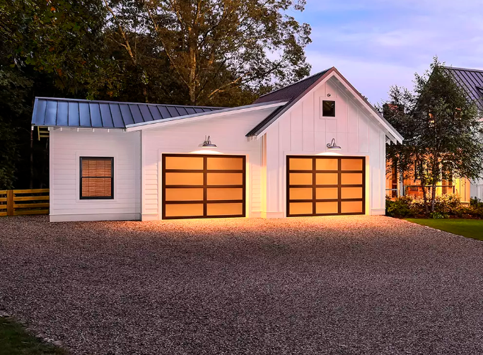Full view window glass garage door with bronze aluminum frames on farm house in Sarasota, FL