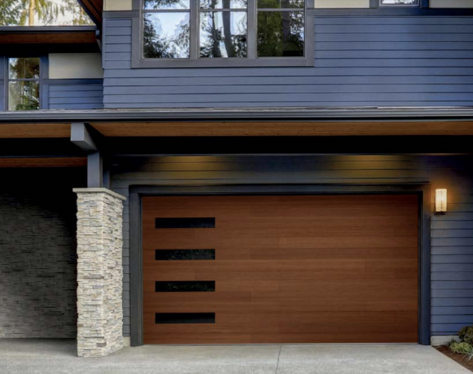 Beautiful wood-style garage door with a sophisticated cladding overlay for a modern look in Bradenton, FL