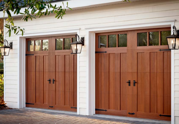 Rustic wood-look garage door with sleek cladding overlay in Venice, FL