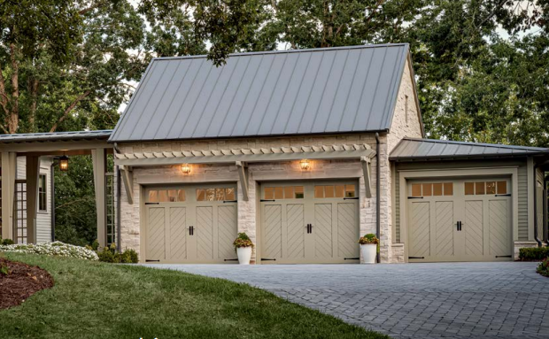 Contemporary wood-look garage door with chevron design