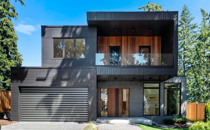 Custom wood-style garage door with a modern cladding overlay for enhanced durability and style in Venice, FL