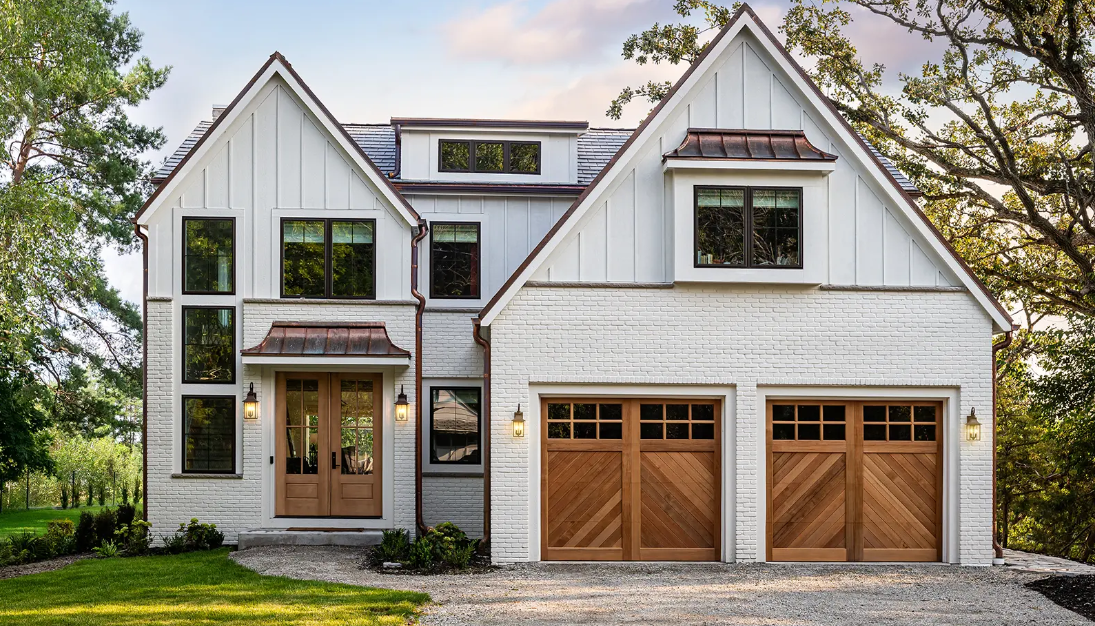 Custom-crafted wood garage door with distinctive windows in Sarasota, FL