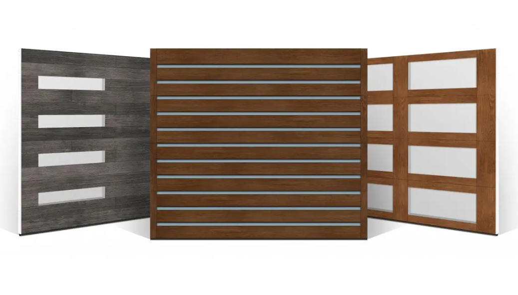 Faux wood cladding overlay garage doors with contemporary modern glass design in colors slate, walnut, dark finish colors