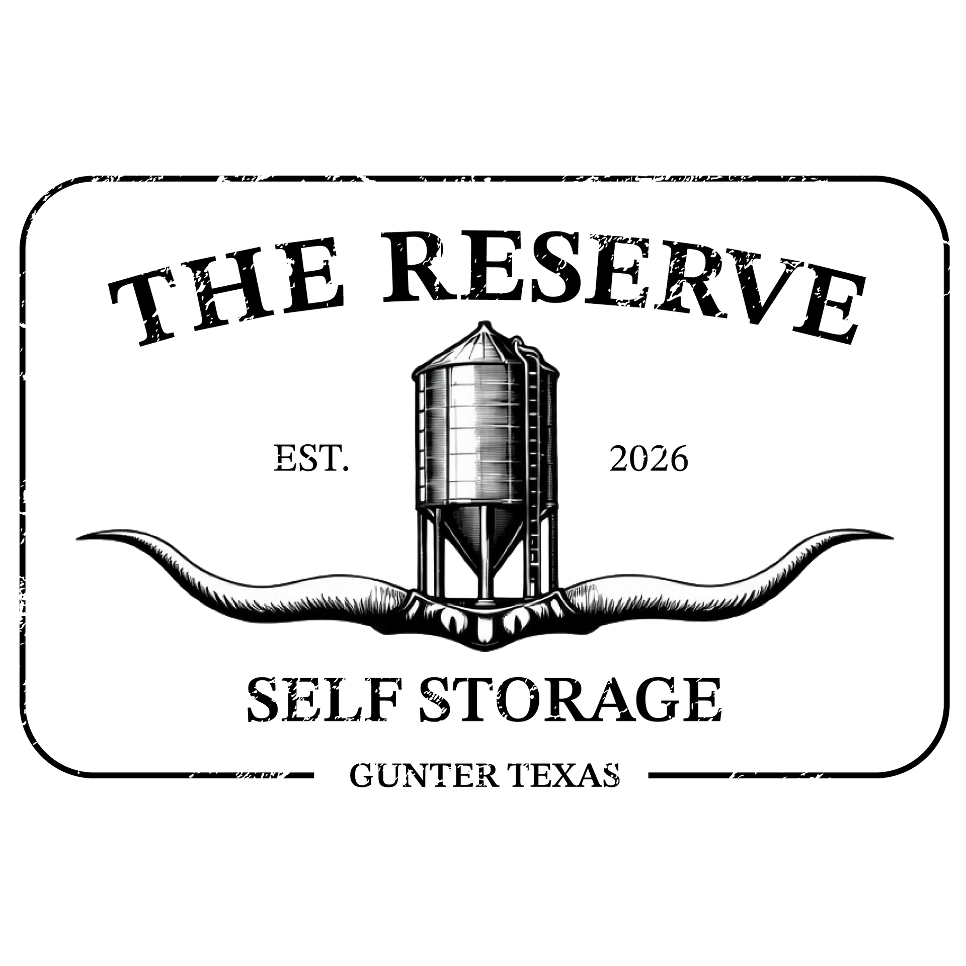 Black-and-white logo for The Reserve self storage, with water tower and Gunter, Texas, EST. 2026