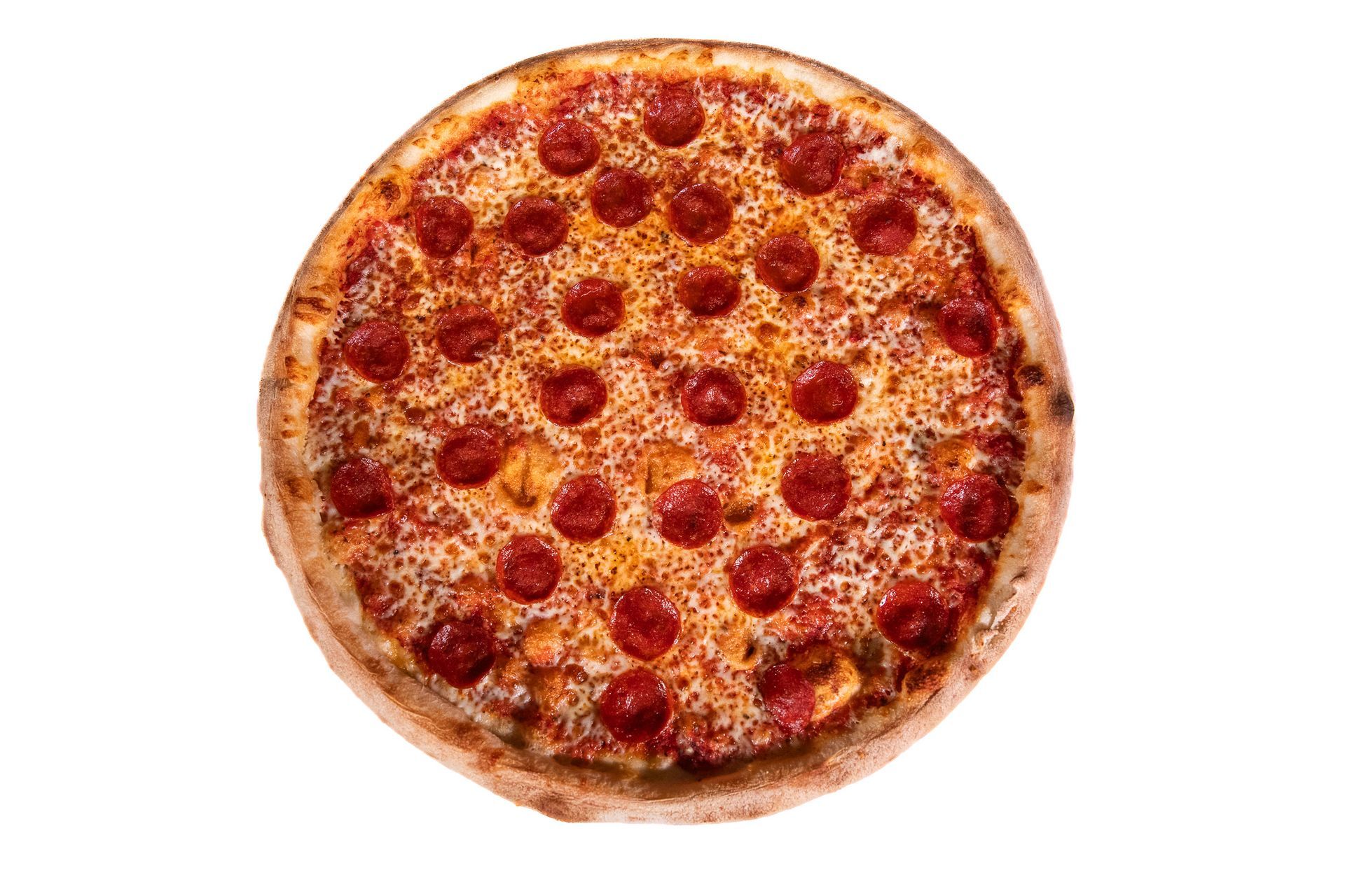 Pepperoni pizza on a white background.
