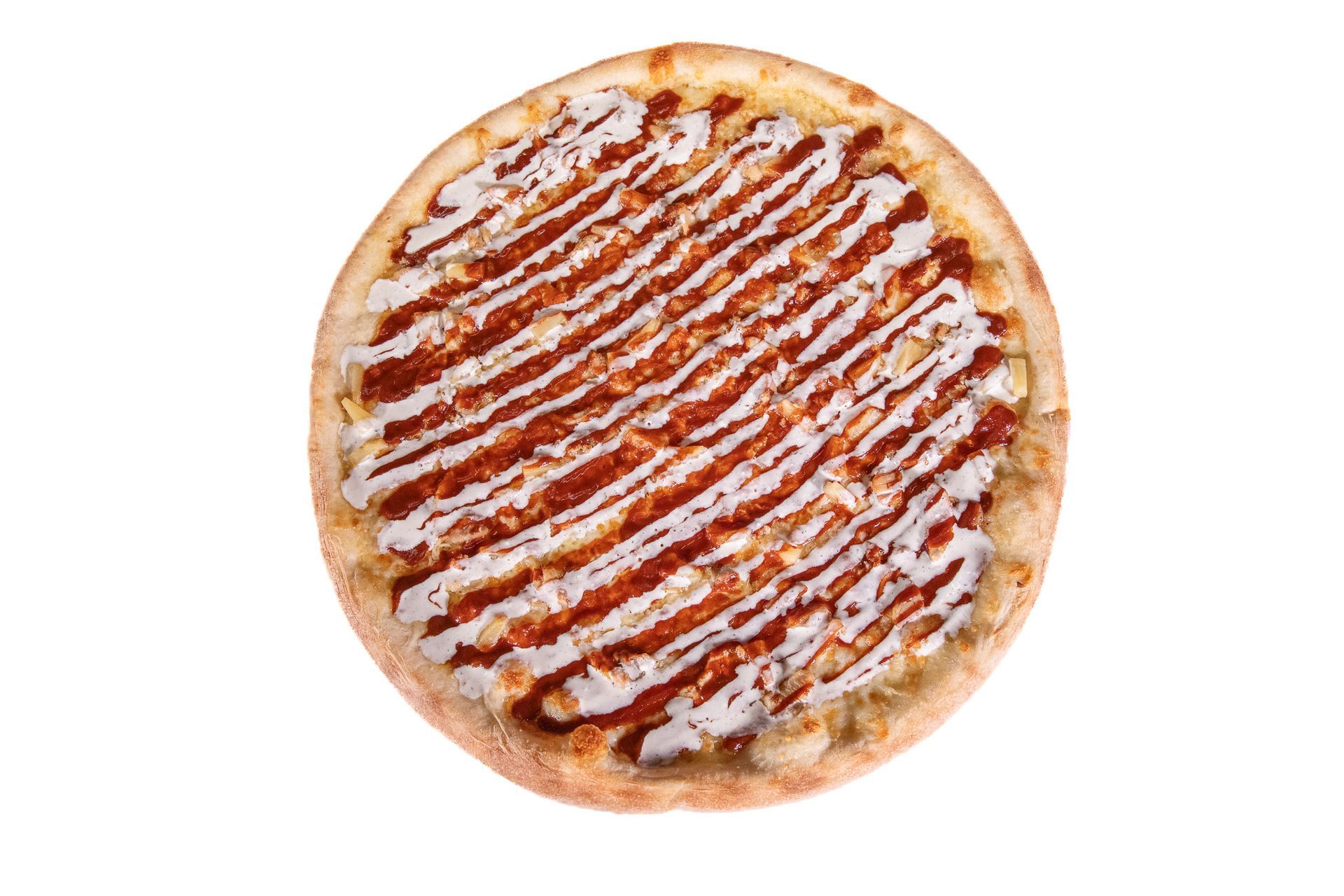 Pizza with brown and white sauce drizzled over it.