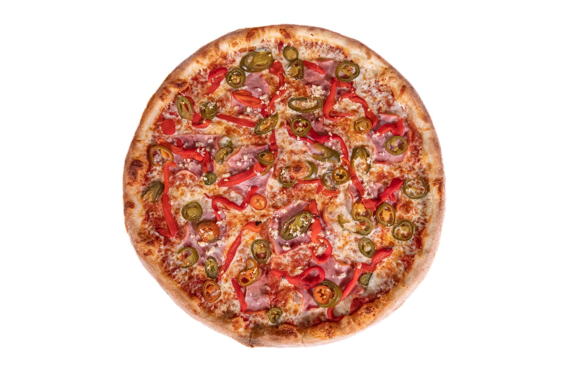 Pizza with red peppers, jalapenos, and ham on white background.