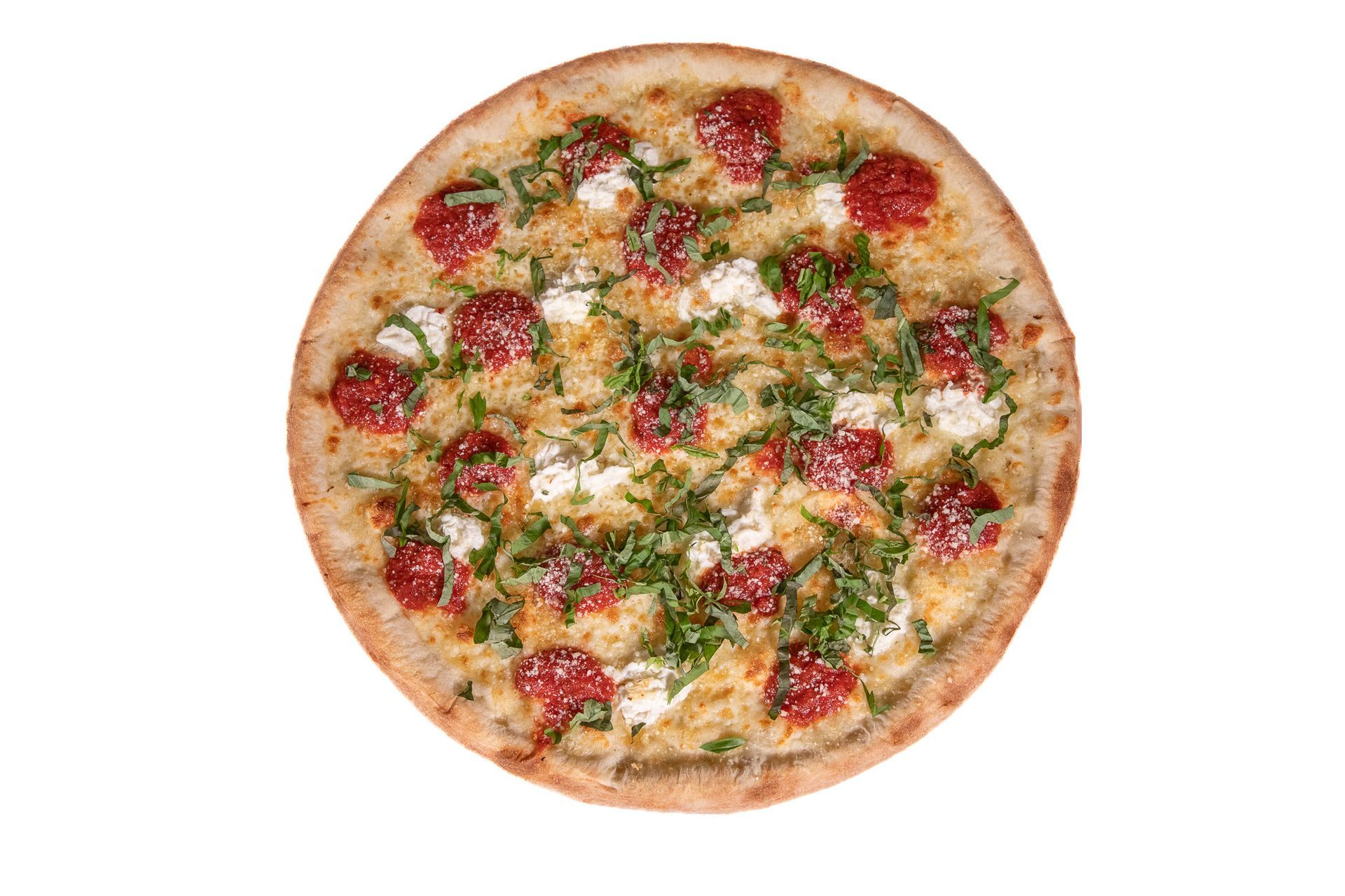 Pizza with red sauce, white cheese, and green herbs on a crust, isolated on white.