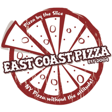 The logo for east coast pizza is a pizza by the slice