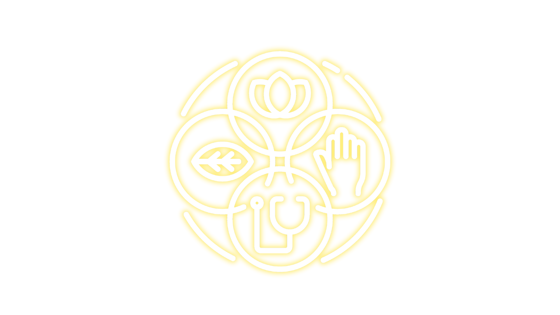 A yellow circle with a hand , eye , and heart in it on a white background.