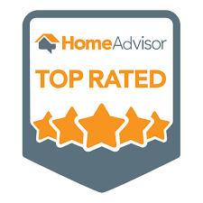 HomeAdvisor Top Rated badge with orange stars and text on a gray background.