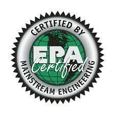 EPA Certified seal by Mainstream Engineering. Silver frame, green globe, black text.