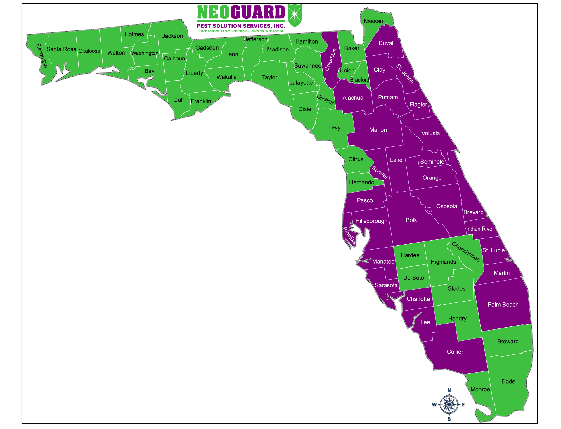 A map of Florida with purple and green areas, displaying Neoguard purple areas served.