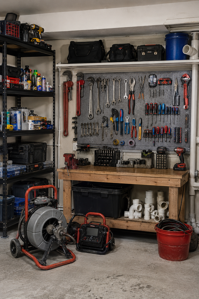 Garage workshop with a pegboard of tools, shelves, power equipment, and buckets.