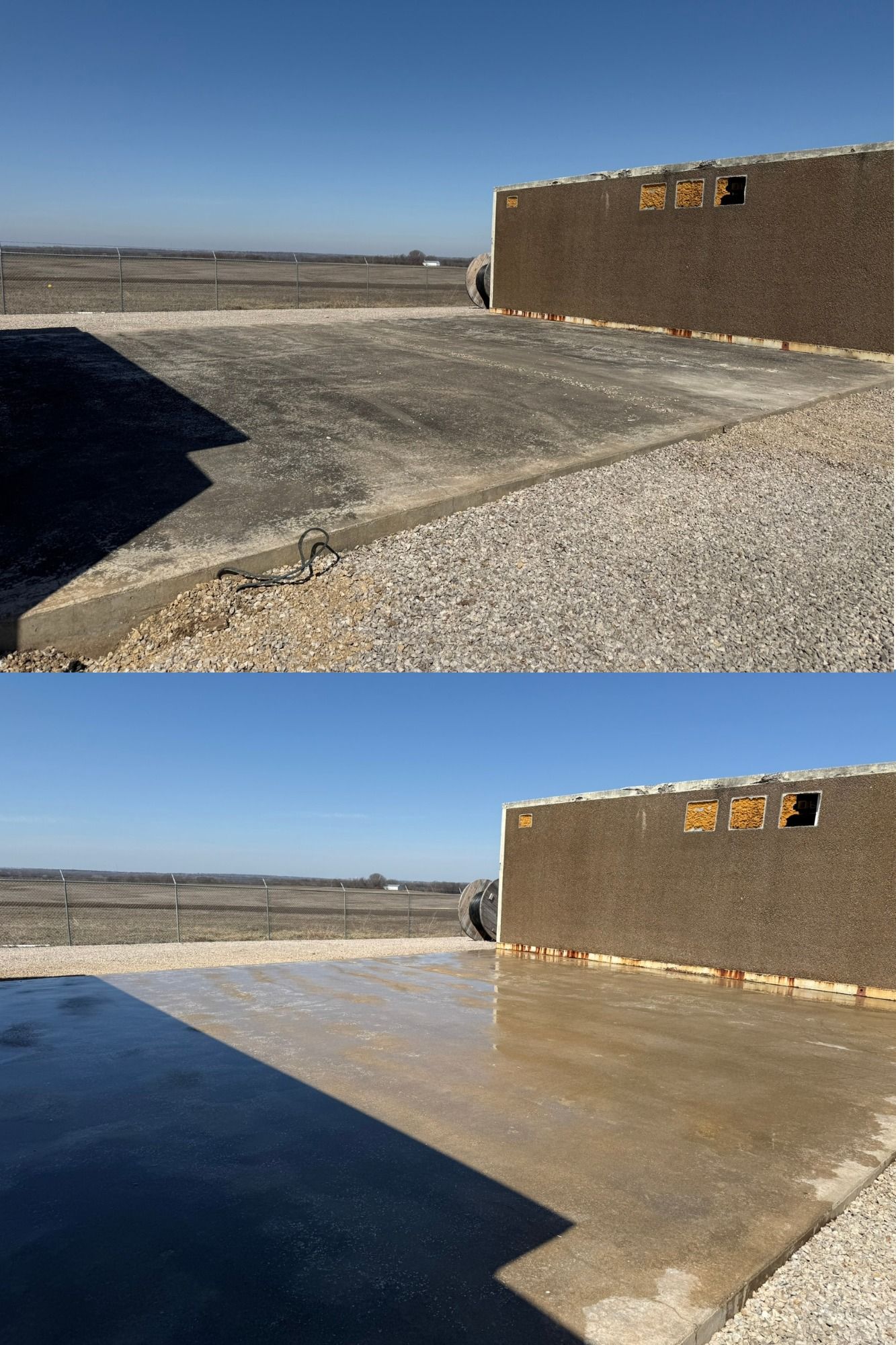 Top: a rough, gray concrete slab. Bottom: the same slab wet and reflective. Adjacent brown wall.