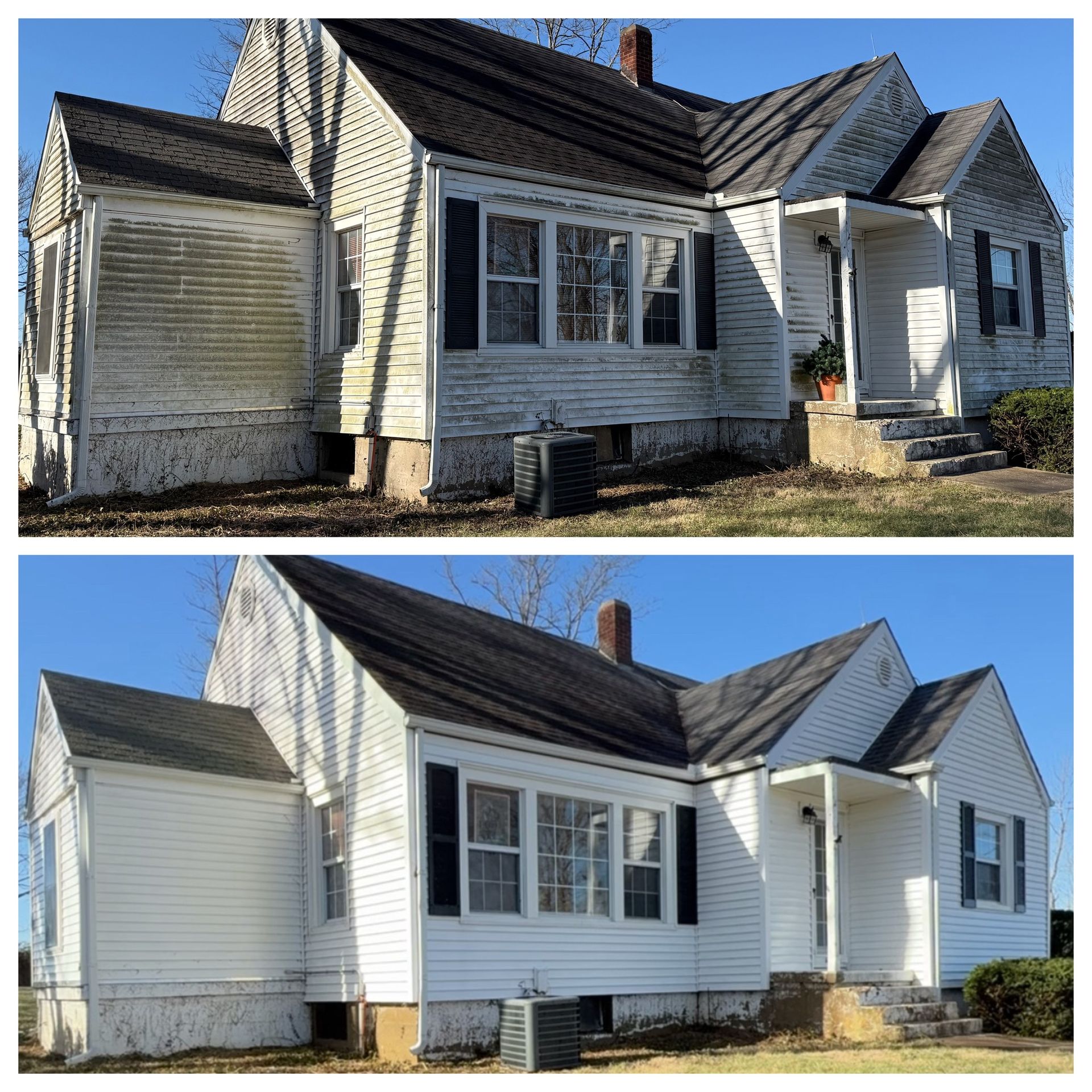 Comparison of a house before and after cleaning: white siding, black shutters, roof, and a blue sky.